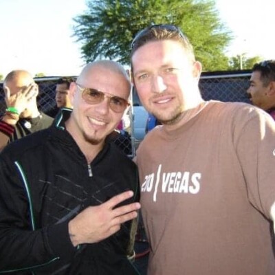 Hanging out backstage with Pitbull at the Las Vegas Lowrider Supershow in 2008.