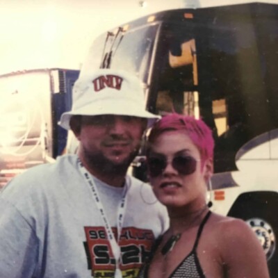 Backstage at KLUC Summer Jam 2000 SJ2K, with Pink. Don't mind the bucket hat, it was the style.
